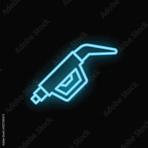 Bright blue neon gas pump nozzle glowing on a black background