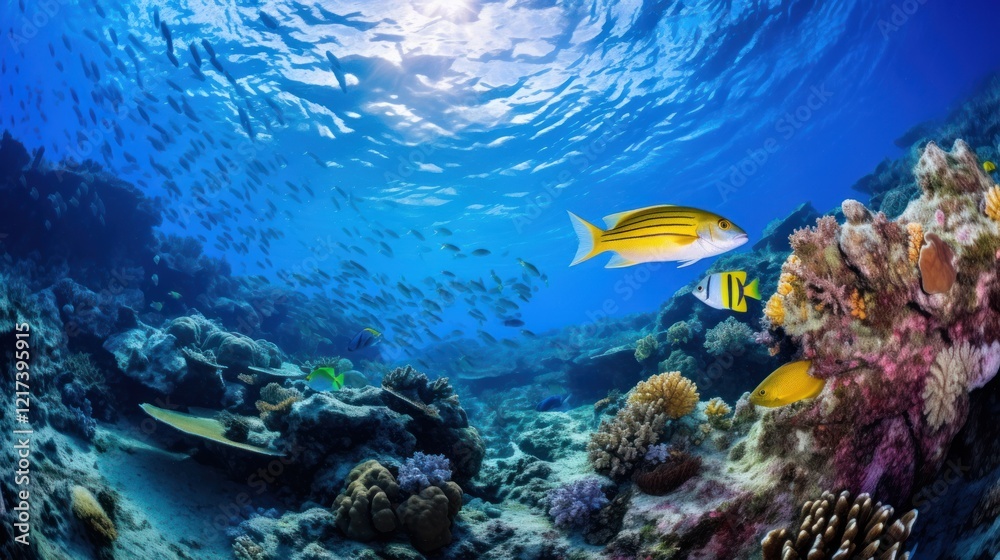 Obraz premium Underwater Scene Featuring Diverse Marine Life Swimming Amongst Colorful Coral Reefs in Clear Blue Ocean Waters