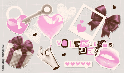 Elegant Valentine's day halftone art collage paper stickers set. Various paper romantic clipping shapes with vintage dotted texture - lock, key, bow, gift box, hand with balloon,mouth. Vector design