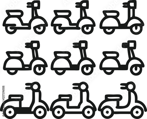 Simple Line Art Illustrations of Various Motorized Scooters