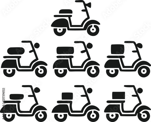 Simple, black and white vector illustrations of six vintage-style scooters.