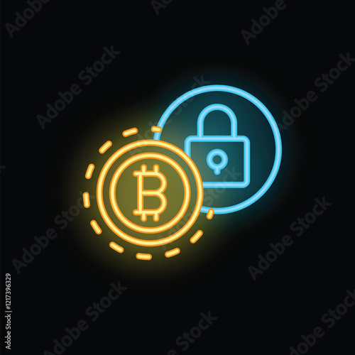 Neon sign depicting a bitcoin coin with a padlock, representing the concept of cryptocurrency security and safe storage
