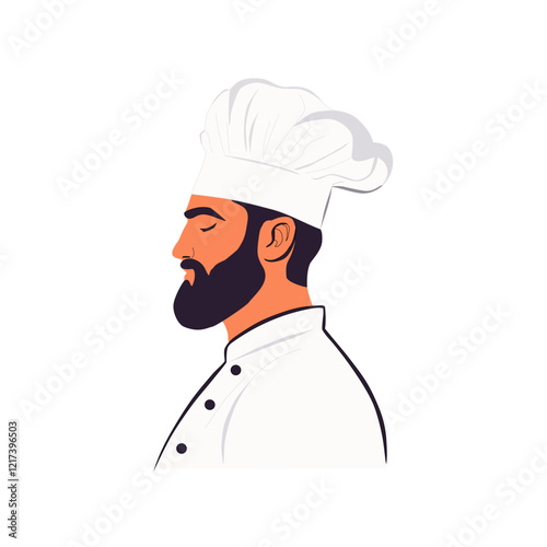 Vector illustration of a chef with a beard in a white uniform, elegant, thoughtful, on a white or transparent background, isolated.