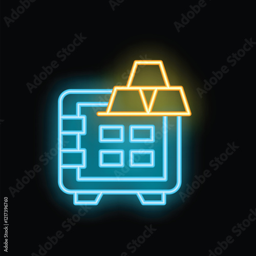 Glowing neon icon of a safe filled with gold bars, symbolizing financial security and wealth preservation
