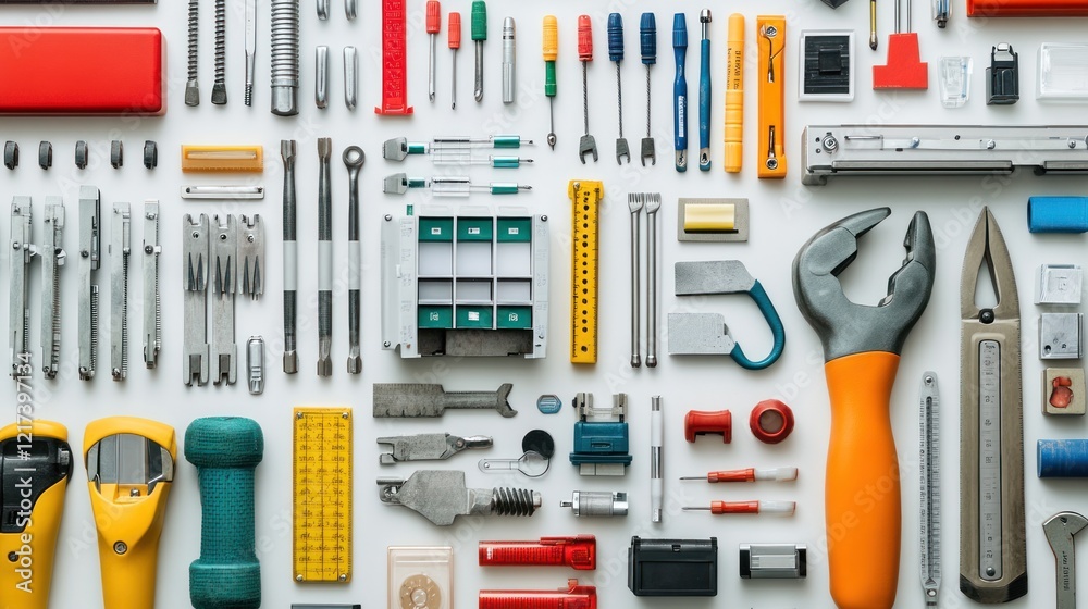 Fototapeta premium Flatlay of various colorful tools and instruments on white background.