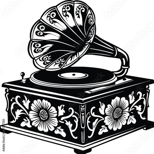 Vintage Gramophone
A classic line art of a vintage gramophone with intricate floral engravings and a vinyl record. Adobe Illustrator Artwork