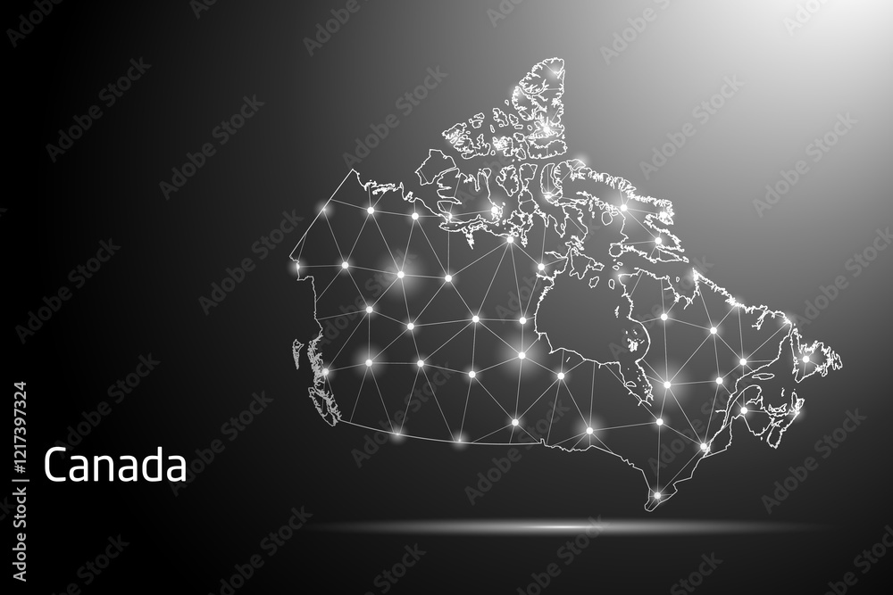 Abstract Mash Line and Point Scales on The Dark Gradient Background With Map of Canada. 3D Mesh Polygonal Network Connections. Vector illustration eps 10.	
