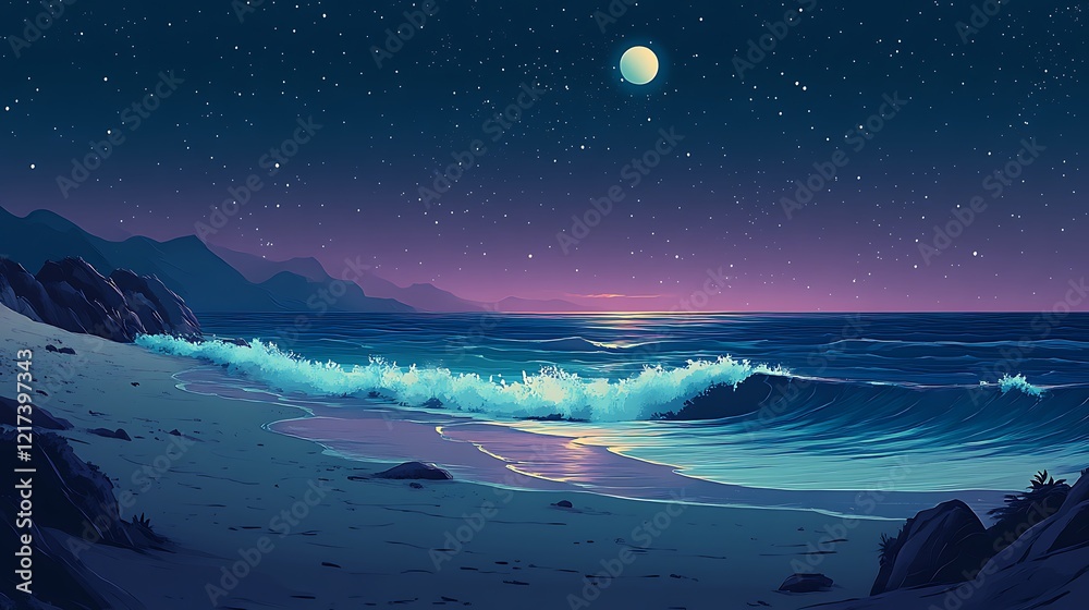 Obraz premium A serene beach scene at night with waves, a moon, and a starry sky.
