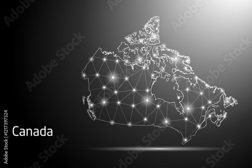 Abstract Mash Line and Point Scales on The Dark Gradient Background With Map of Canada. 3D Mesh Polygonal Network Connections. Vector illustration eps 10.	
