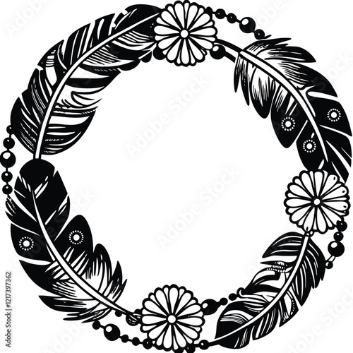Boho Feather Wreath
A boho-style feather wreath with beads, floral accents, and intricate line art patterns. 
Adobe Illustrator Artwork