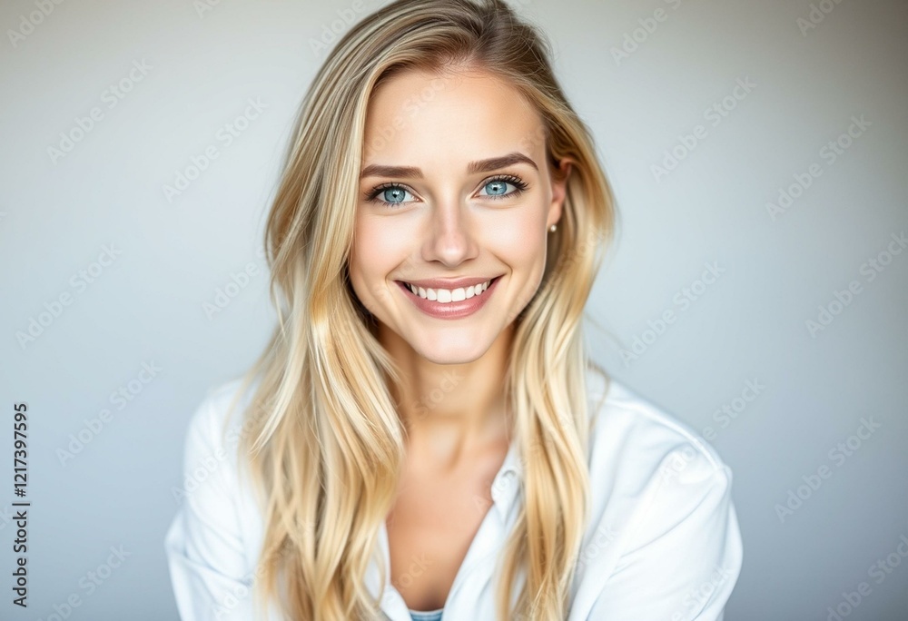 Portrait of a Nordic blond woman with a subtle smile and relaxed posture.
