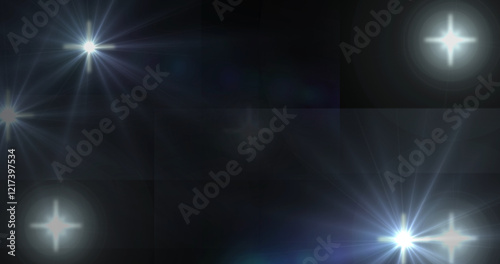 Papparazi camera flashes random black background for overlay on advertisement. Studio light flash on dark bg. Fame glamour product add-on. White camera flashes on black screen. Stardom popularity.