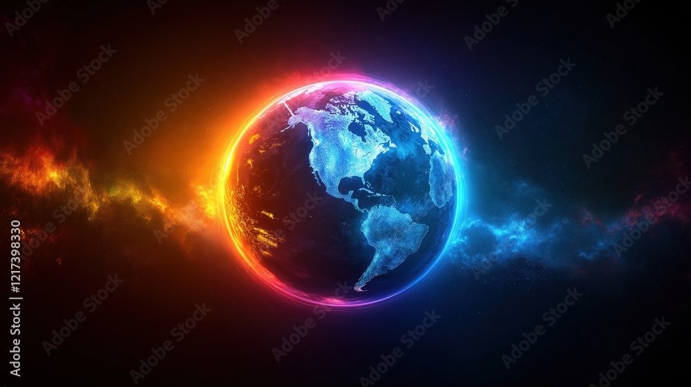 A glowing, colorful planet with a blue and red swirl around it A glowing, colorful planet with a blue and red swirl around it