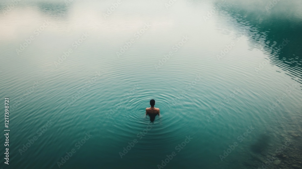 Fototapeta premium A solitary figure wades into a serene turquoise lake surrounded by misty mountains
