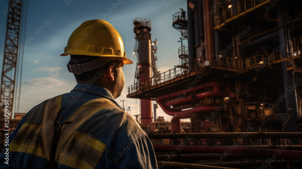Industrial Worker with Hard Hat Observing Machinery at Sunset in Oil Refinery Environment, Highlighting Safety and Operational Efficiency in Engineering Industrial Worker with Hard Hat Observing Machinery at Sunset in Oil Refinery Environment, Highlighting Safety and Operational Efficiency in Engineering