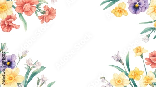Watercolor floral frame with daffodils, pansies, and carnations on white background.