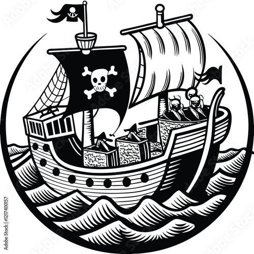 Pirate Ship Adventure
A detailed pirate ship sailing through waves with skull flags, cannons, and a treasure chest on deck. Adobe Illustrator Artwork