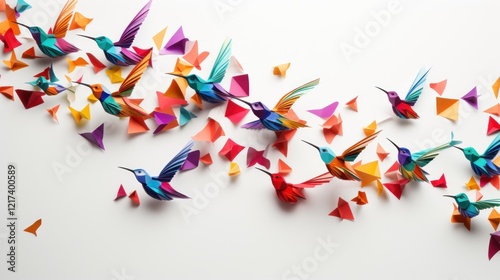 Colorful Paper Hummingbirds in Flight Surrounded by Vibrant Triangular Shapes Creating a Whimsical and Artistic Atmosphere for Craft and Nature Lovers