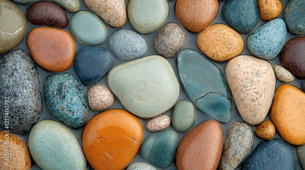 Smooth colorful stones clustered together in water Smooth colorful stones clustered together in water