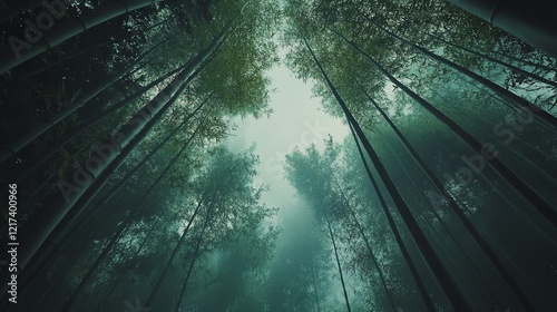 Serene view of tall bamboo trees in fog. photo