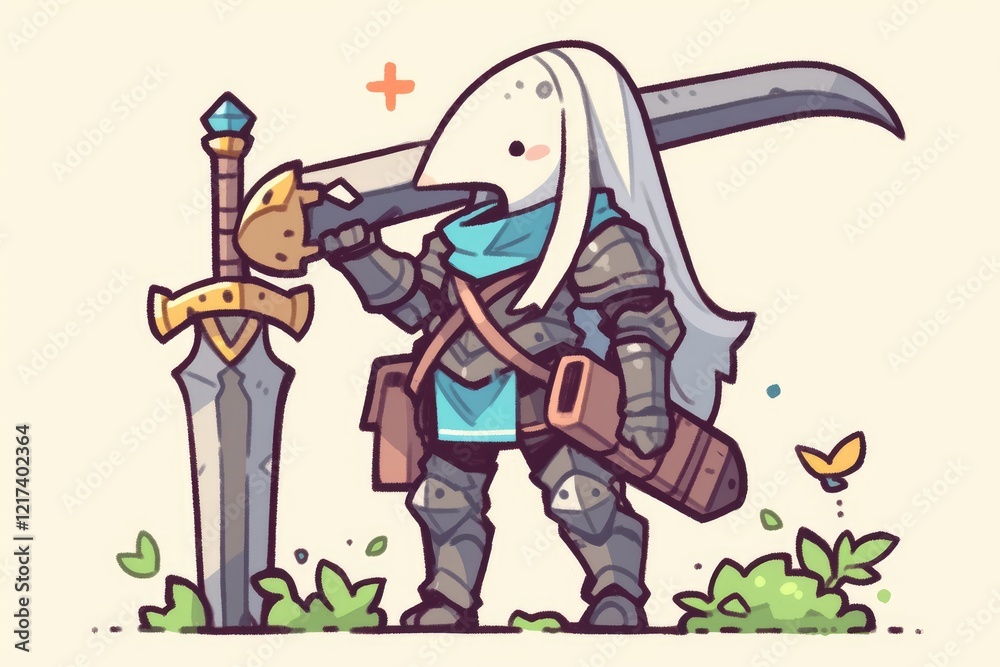 Fototapeta premium A Cute Bird Knight Stands Beside A Large Sword