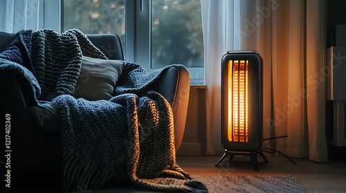 Cozy living room with electric heater and blanket on sofa.