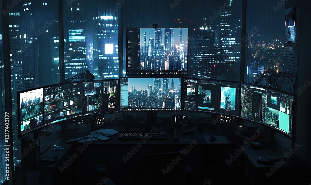 A dark room with multiple monitors displaying various video editing software