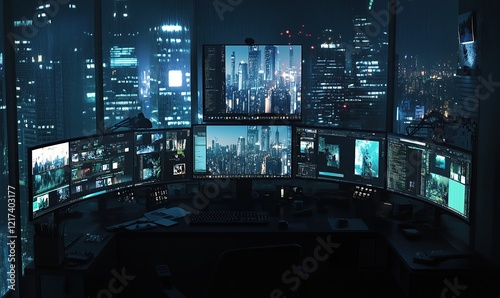 A dark room with multiple monitors displaying various video editing software