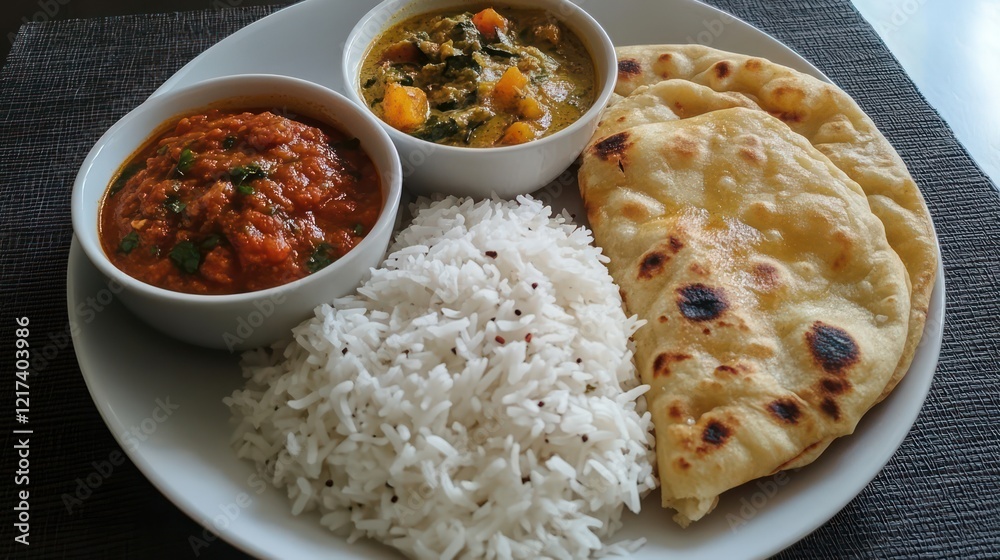 A plate of Indian food with naan, rice, and three bowls A plate of Indian food with naan, rice, and three bowls
