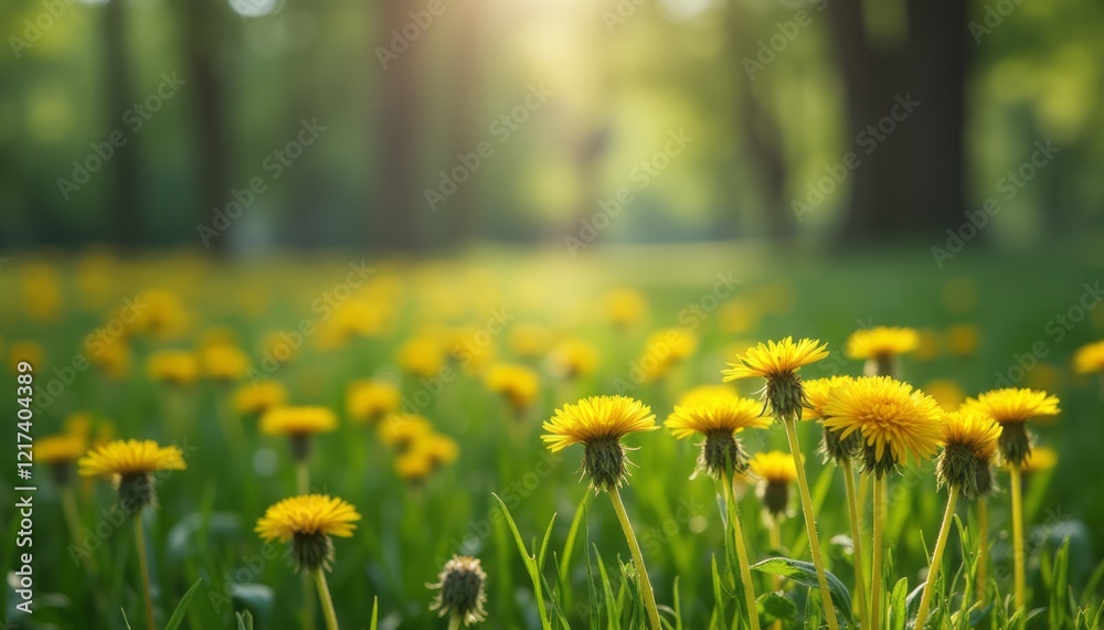 Obraz premium A vibrant field of dandelions bursts into bloom under the warm glow of sunlight, creating a picturesque scene. The golden flowers stand tall amidst the lush green grass, evoking feelings of joy and