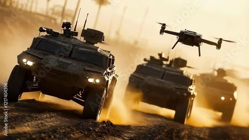 Military Vehicles Maneuver in Desert Terrain During Sunset With Drone Surveillance. Generative AI