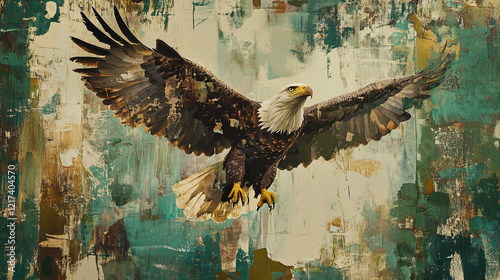Bald eagle soaring on abstract teal and gold background