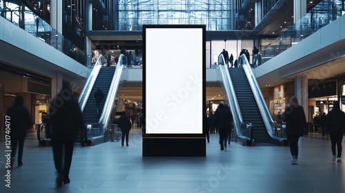 Front view mock up of a vertical blank billboard in the mall with people walking, with empty space for an advertising banner