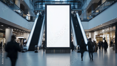 Front view mock up of a vertical blank billboard in the mall with people walking, with empty space for an advertising banner