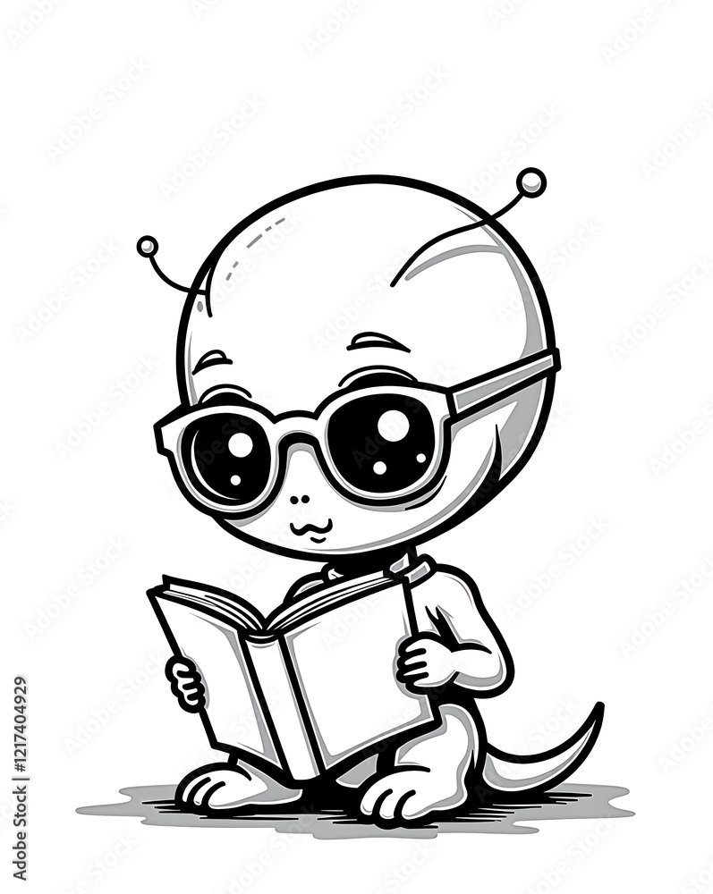 Cute Alien Reading Book with Glasses Cute Alien Reading Book with Glasses