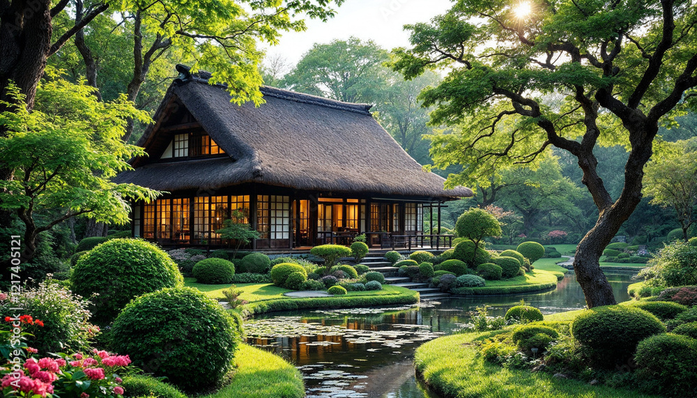 Relaxing tranquility in a Japanese garden with a traditional house surrounded by lush greenery and a serene pond Relaxing tranquility in a Japanese garden with a traditional house surrounded by lush greenery and a serene pond