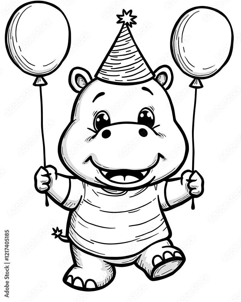 Obraz premium Happy Hippo Birthday Party With Balloons