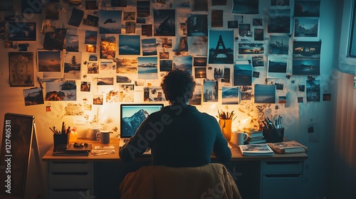 Man working at desk with inspiration board.
