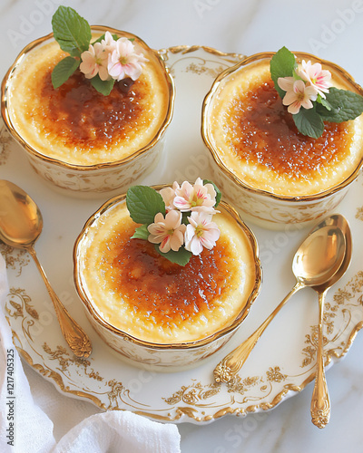  rich chocolate crame bralae with caramel swirls and floral spoons photo