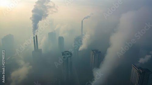 Aerial view of an industrial zone releasing thick smog into the atmosphere, wide-angle perspective, environmental issue concept.