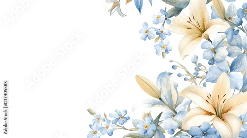 Fototapeta Naklejka Na Ścianę i Meble -  Watercolor lilies and forget-me-nots border.