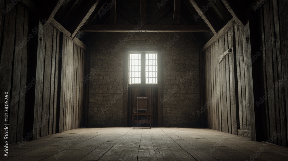 Empty wooden room with a single chair illuminated by sunlight through a window Empty wooden room with a single chair illuminated by sunlight through a window
