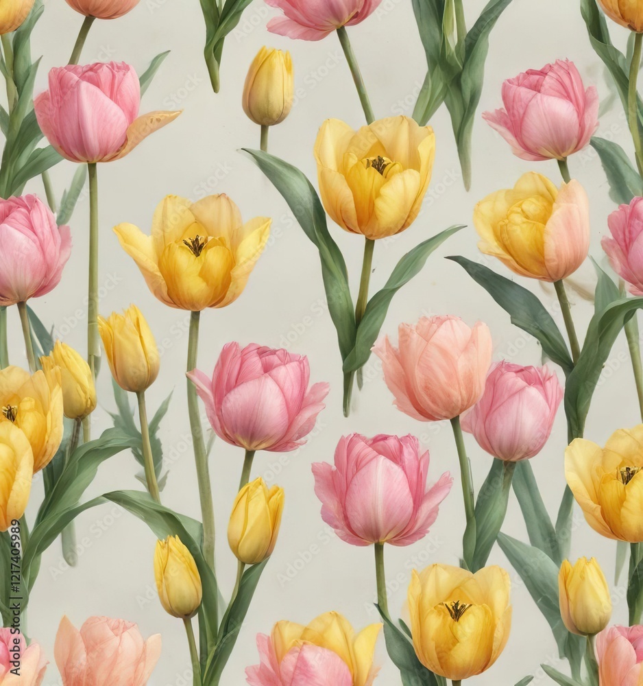 Repeat background featuring delicate and intricate pink and yellow tulip flowers in watercolor style, feminine patterns, tender, fresh colors, soft and pleasing aesthetic, floral backdrop Repeat background featuring delicate and intricate pink and yellow tulip flowers in watercolor style, feminine patterns, tender, fresh colors, soft and pleasing aesthetic, floral backdrop