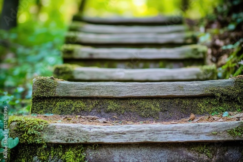 Moss-covered wooden steps ascend into a blurred, verdant forest background. photo