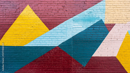 Colorful geometric mural brightens urban wall in vibrant art display