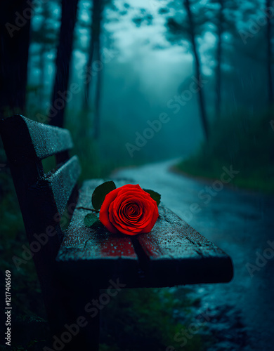 on an old wooden bench lies a brightly coloured red rose, and brightly coloured red rose petals background, wet rainy forest, at night
