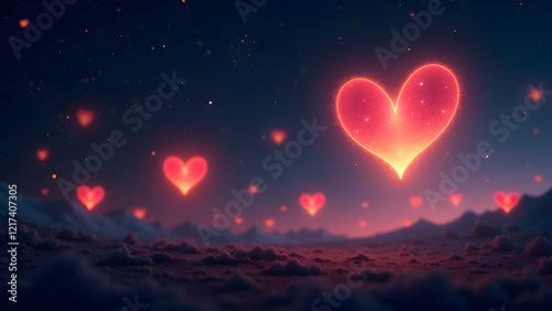 Glowing hearts in red, pink, and gold float in a starry night sky, surrounded by twinkling stars, blending magic and romance in a celestial scene.