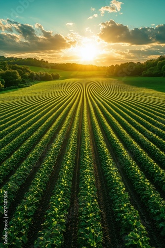 Warm sunset illuminating converging rows of lush green crops growing in a cultivated agricultural field, creating a picturesque rural landscape