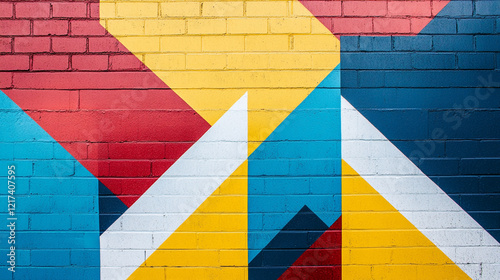 Vibrant geometric mural brightens urban wall in a lively neighborhood