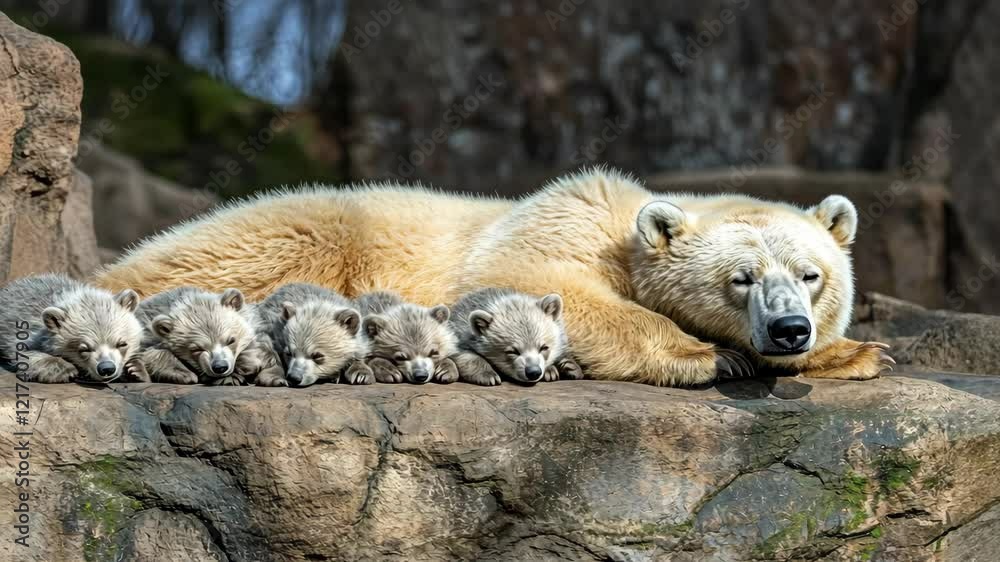 Polar bear rests beside her adorable cubs on a rocky ledge in a serene natural habitat during the daytime hours Polar bear rests beside her adorable cubs on a rocky ledge in a serene natural habitat during the daytime hours